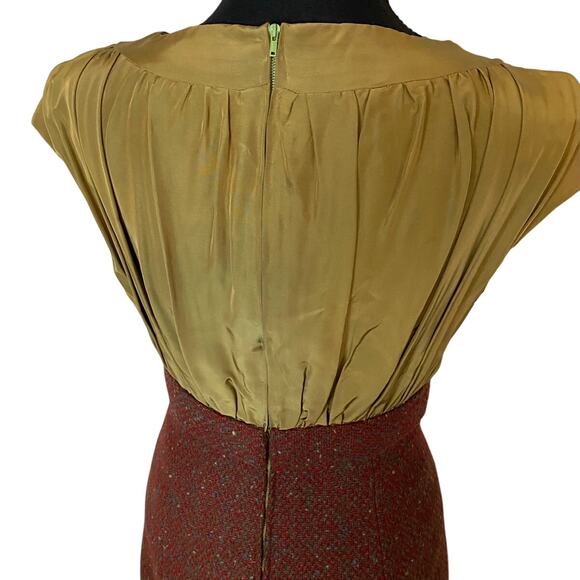 VTG Handmade dress 50s 60s jewel neck silky bodice Brick red wool pencil wiggle - Picture 3 of 9